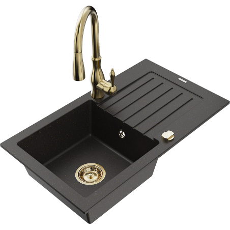 Mexen Pablo lavello in granito a 1 vasca con scolapiatti e rubinetto da cucina Savita, nero/oro metallizzato - 6510-75-672601-50