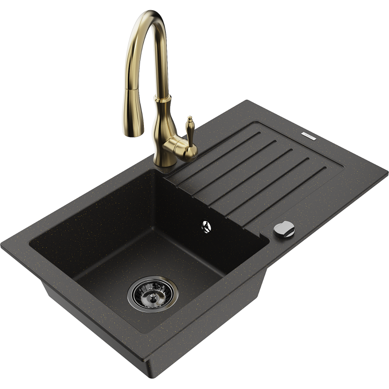 Mexen Pablo 1-Bowl Granite Kitchen Sink with Drainer and Savita Kitchen Mixer, Black/Gold Metallic - 6510-75-672601-50-B