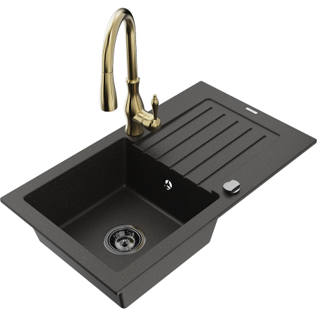 Mexen Pablo 1-Bowl Granite Kitchen Sink with Drainer and Savita Kitchen Mixer, Black/Gold Metallic - 6510-75-672601-50-B