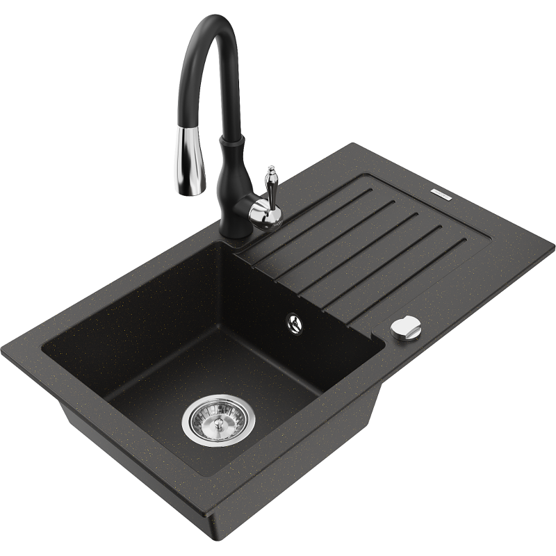 Mexen Pablo granitische gootsteen met 1 compartiment en afdruiprek en keukenmengkraan Savita, zwart/goud metallic