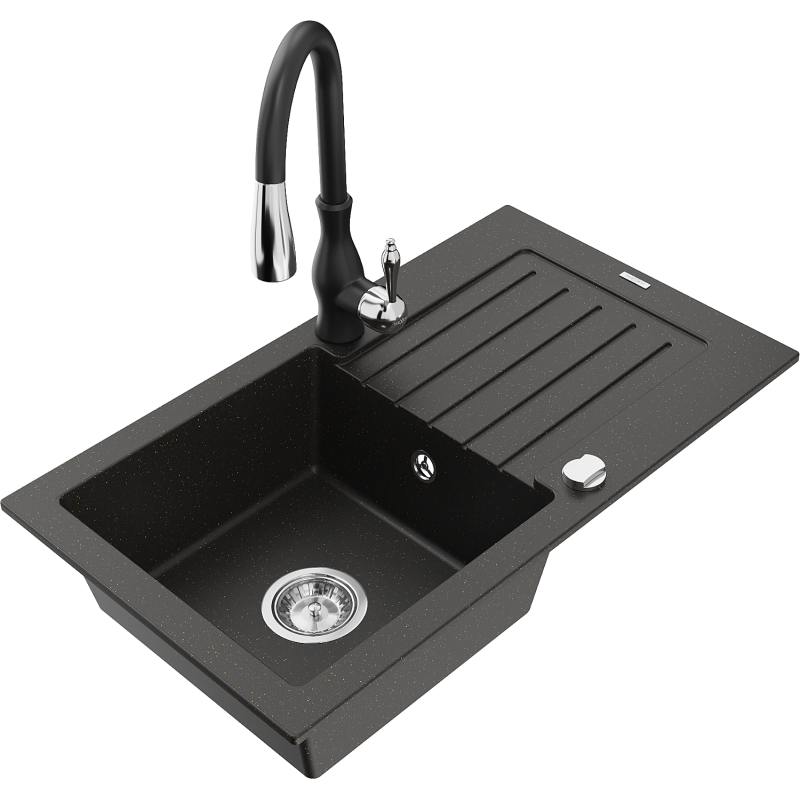 Mexen Pablo granitizlietne ar vienu nodalījumu ar noteku un virtuves jaucējkrānu Savita, melna/zeltīta metālika