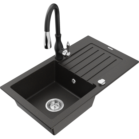 Mexen Pablo granitische gootsteen met 1 compartiment en afdruiprek en keukenmengkraan Savita, zwart/goud metallic