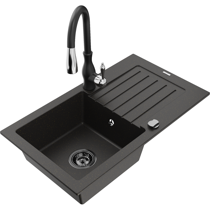 Mexen Pablo granitdiskbänk 1-facks med avrinningsbräda och köksblandare Savita, svart/guld metallic - 6510-75-672601-70-B