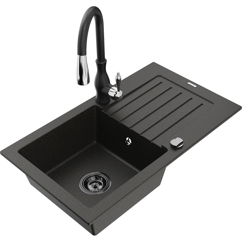Mexen Pablo granitische gootsteen met een enkele bak, afdruiprek en keukenkraan Savita, zwart/goud metallic