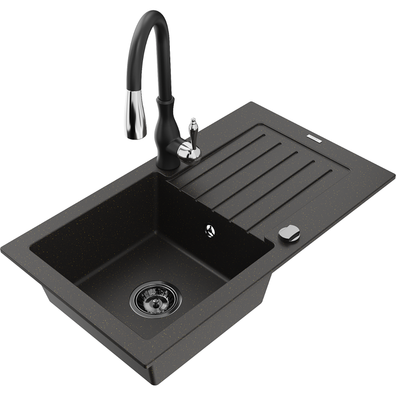 Mexen Pablo granitizlietne ar vienu kameru ar noteces virsmu un virtuves krānu Savita, melns/zeltains metālisks