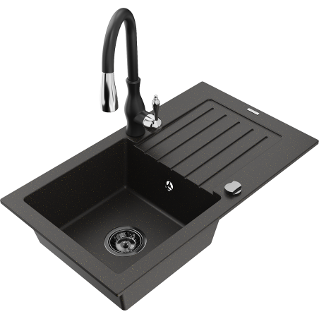 Mexen Pablo lava-louça de granito de 1 bacia com escorredor e torneira de cozinha Savita, preto/dourado metálico