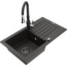 Mexen Pablo 1-bowl granite kitchen sink with drainer and Savita faucet, black/gold metallic - 6510-75-672601-70-B