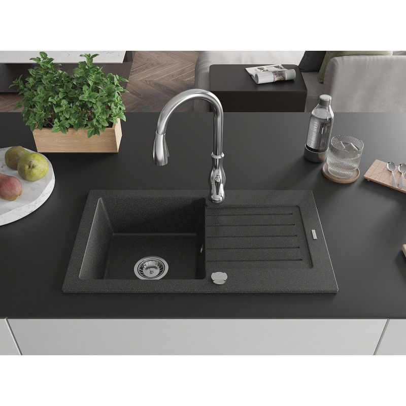 Mexen Pablo granite sink 1-bowl with drainer and Savita kitchen tap, black speckled - 6510-76-672601-00