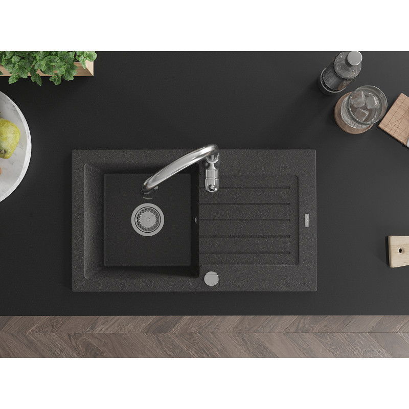 Mexen Pablo granite sink 1-bowl with drainer and Savita kitchen tap, black speckled - 6510-76-672601-00