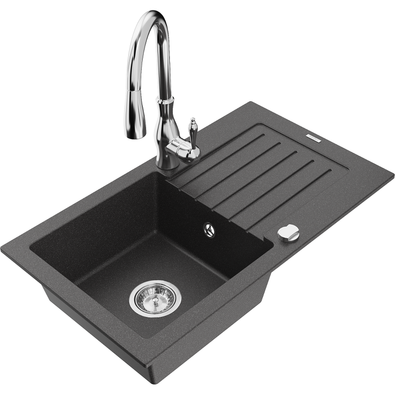 Mexen Pablo granite sink 1-bowl with drainer and Savita kitchen tap, black speckled - 6510-76-672601-00
