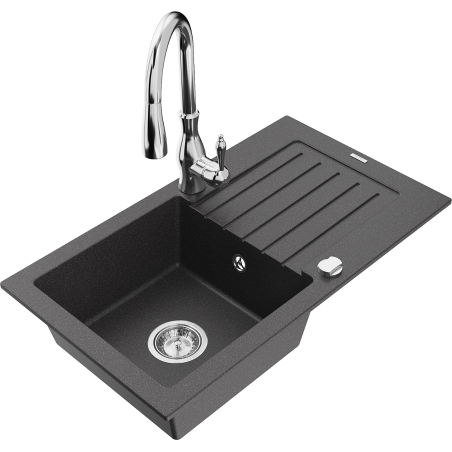 Mexen Pablo granite sink 1-bowl with drainer and Savita kitchen tap, black speckled - 6510-76-672601-00