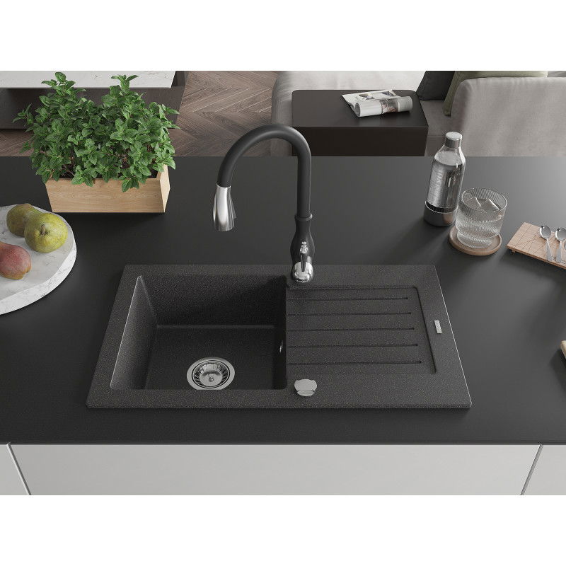 Mexen Pablo granite sink 1-bowl with drainer and Savita kitchen tap, speckled black - 6510-76-672601-70