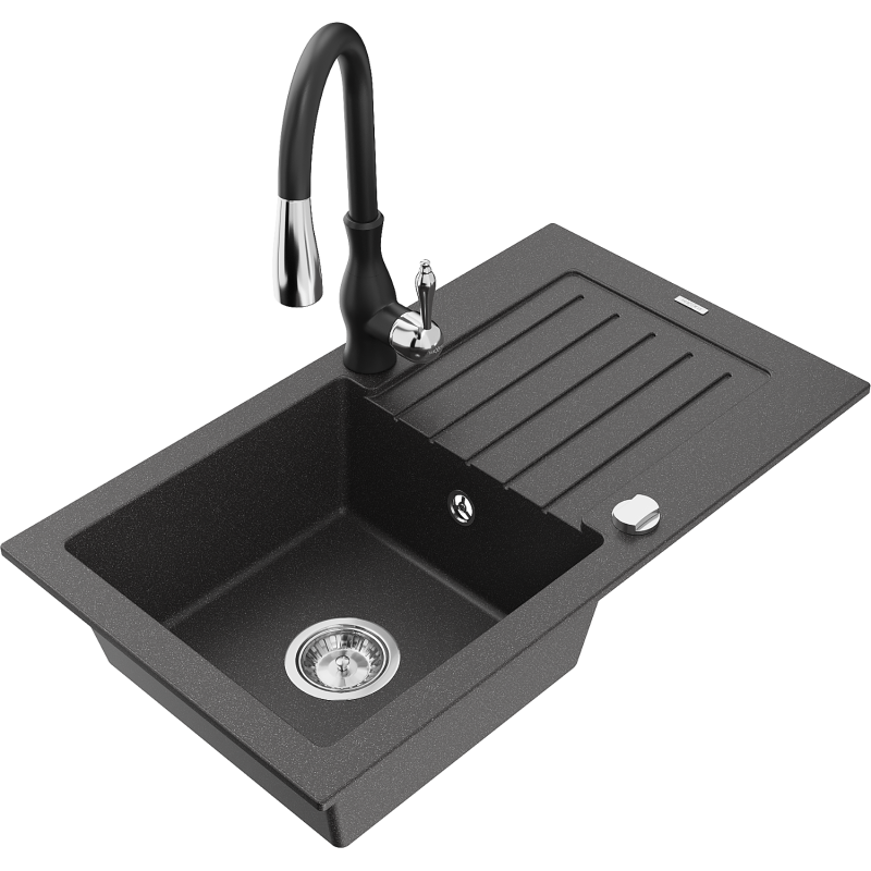 Mexen Pablo fregadero de granito de 1 cubeta con escurridor y grifo de cocina Savita, negro moteado - 6510-76-672601-70