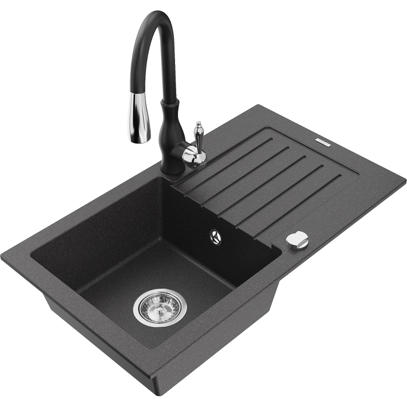 Mexen Pablo granite sink 1-bowl with drainer and Savita kitchen tap, speckled black - 6510-76-672601-70