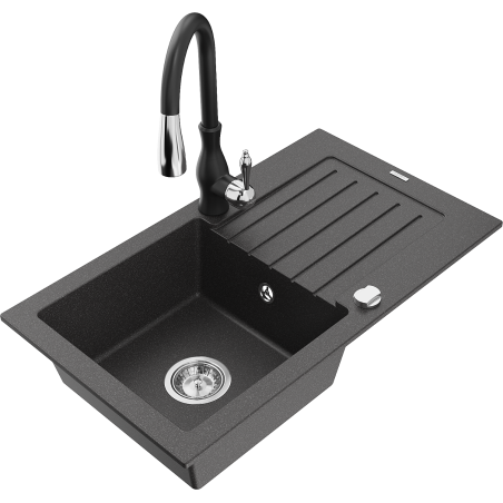 Mexen Pablo granite sink 1-bowl with drainer and Savita kitchen tap, speckled black - 6510-76-672601-70