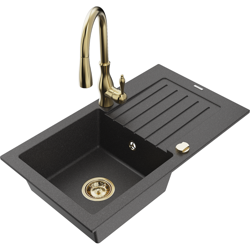 Mexen Pablo lavatório de cozinha de granito de 1 cuba com escorredor e torneira Savita, preto salpicado - 6510-76-672601-50