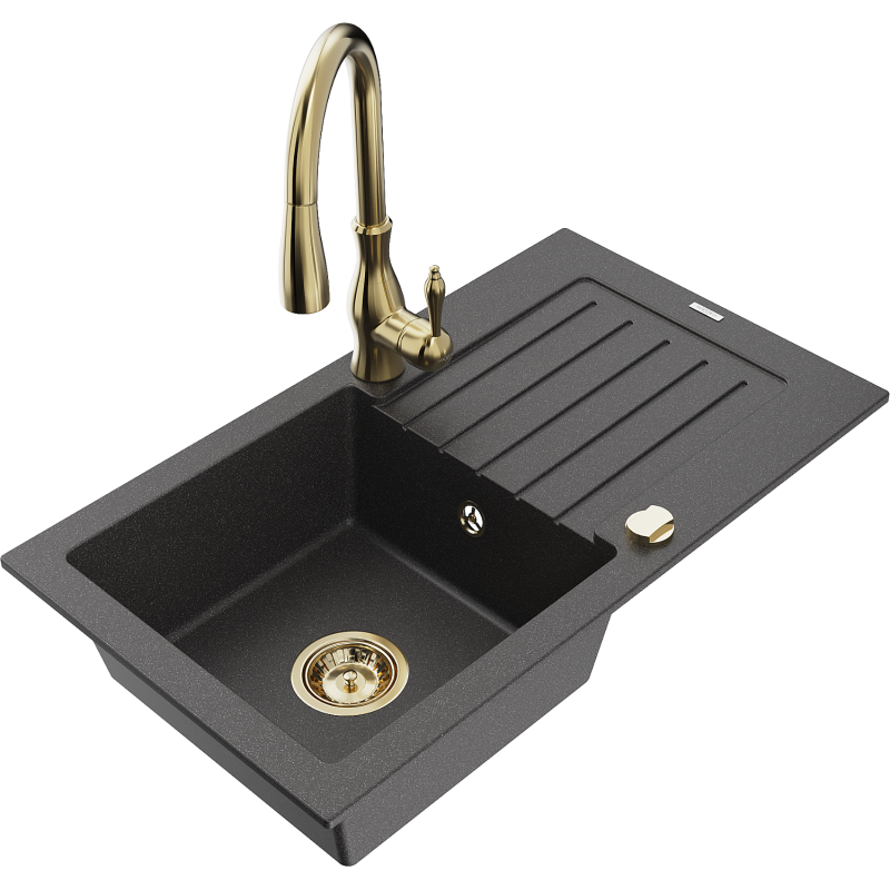 Mexen Pablo lavello in granito a 1 vasca con scolapiatti e rubinetto da cucina Savita, nero maculato - 6510-76-672601-50