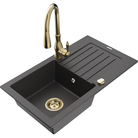 Mexen Pablo granite sink 1-bowl with drainer and kitchen faucet Savita, speckled black - 6510-76-672601-50