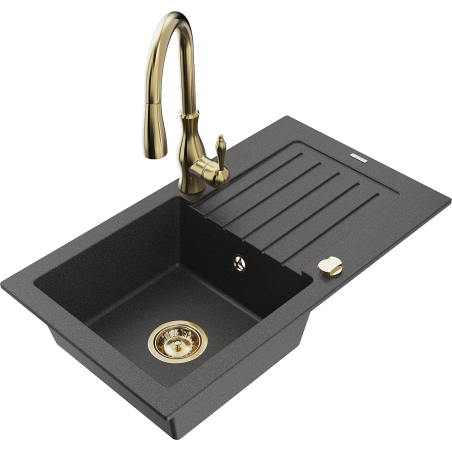 Mexen Pablo lavatório de cozinha de granito de 1 cuba com escorredor e torneira Savita, preto salpicado - 6510-76-672601-50