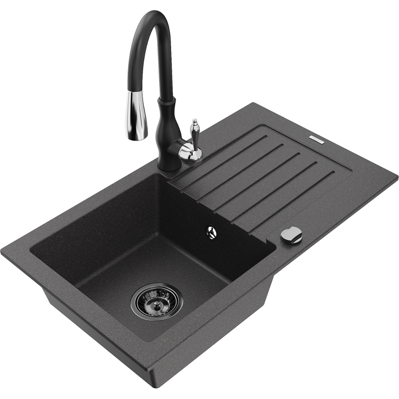 Mexen Pablo Graniittinen 1-altainen tiskiallas valutaustalla ja keittiöhanalla Savita, musta pilkullinen - 6510-76-672601-70-B
