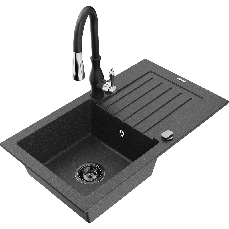 Mexen Pablo granitdiskbänk 1-fack med avrinningsyta och köksblandare Savita, svart fläckad - 6510-76-672601-70-B