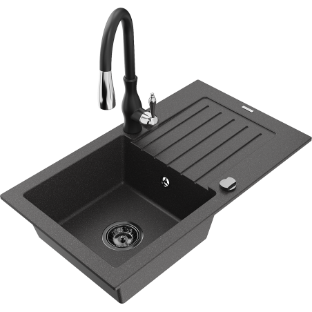 Mexen Pablo fregadero de granito de 1 seno con escurridor y grifería de cocina Savita, negro moteado - 6510-76-672601-70-B