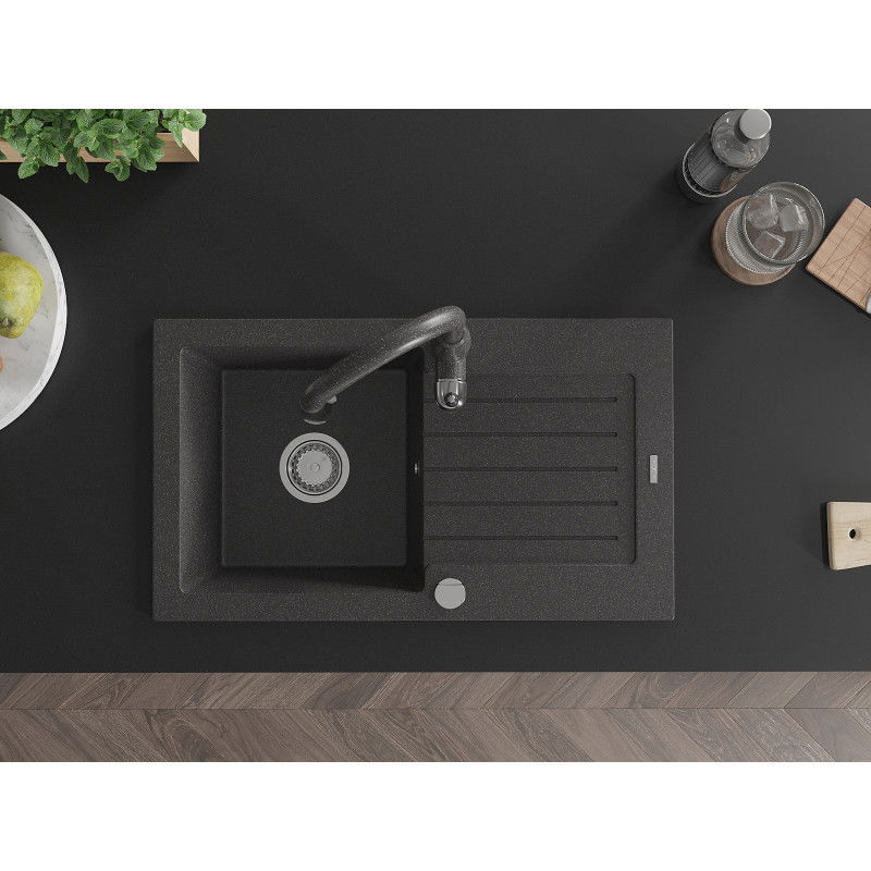 Mexen Pablo lava-louça de granito 1-cuba com escorredor e torneira de cozinha Savita, preto salpicado - 6510-76-672601-76