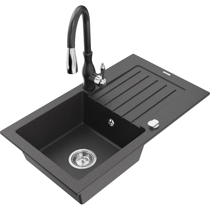 Mexen Pablo lava-louça de granito 1-cuba com escorredor e torneira de cozinha Savita, preto salpicado - 6510-76-672601-76
