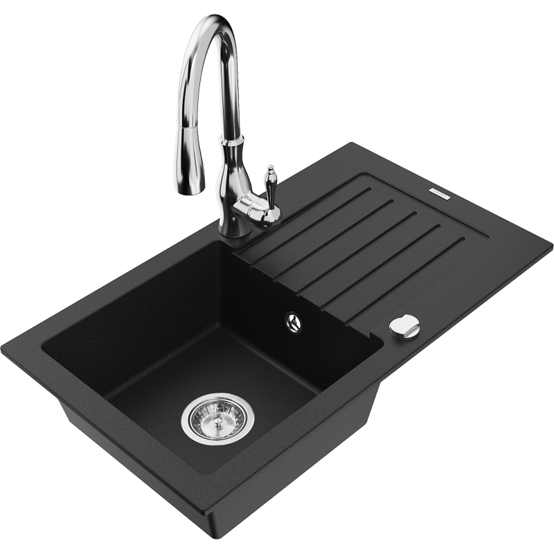 Mexen Pablo single-bowl granite sink with drainer and Savita kitchen tap, black - 6510-77-672601-00