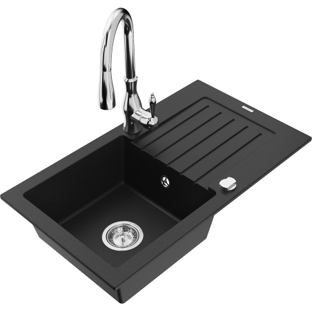 Mexen Pablo single-bowl granite sink with drainer and Savita kitchen tap, black - 6510-77-672601-00