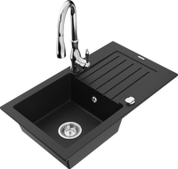 Mexen Pablo fregadero de granito de 1 cubeta con escurridor y grifo de cocina Savita, negro - 6510-77-672601-00