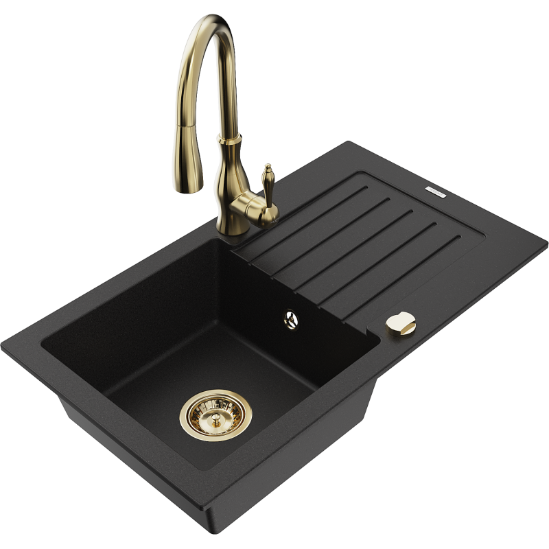 Mexen Pablo 1-bowl granite sink with drainer and Savita kitchen tap, black - 6510-77-672601-50