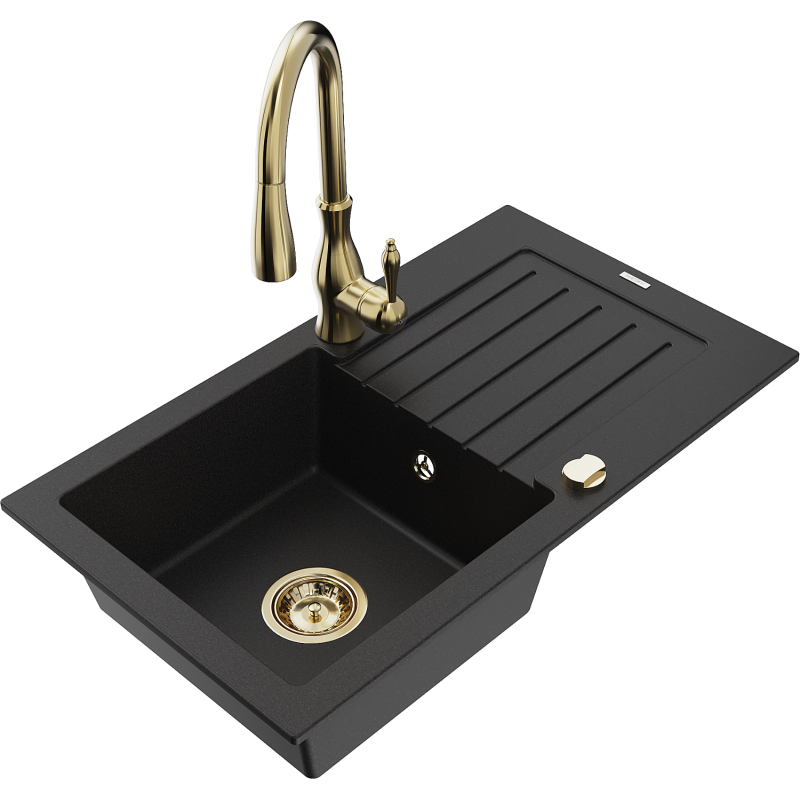Mexen Pablo lava-loiça de granito de 1 cuba com escorredor e torneira de cozinha Savita, preto - 6510-77-672601-50