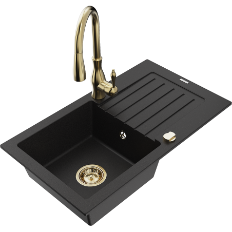 Mexen Pablo 1-bowl granite sink with drainer and Savita kitchen tap, black - 6510-77-672601-50