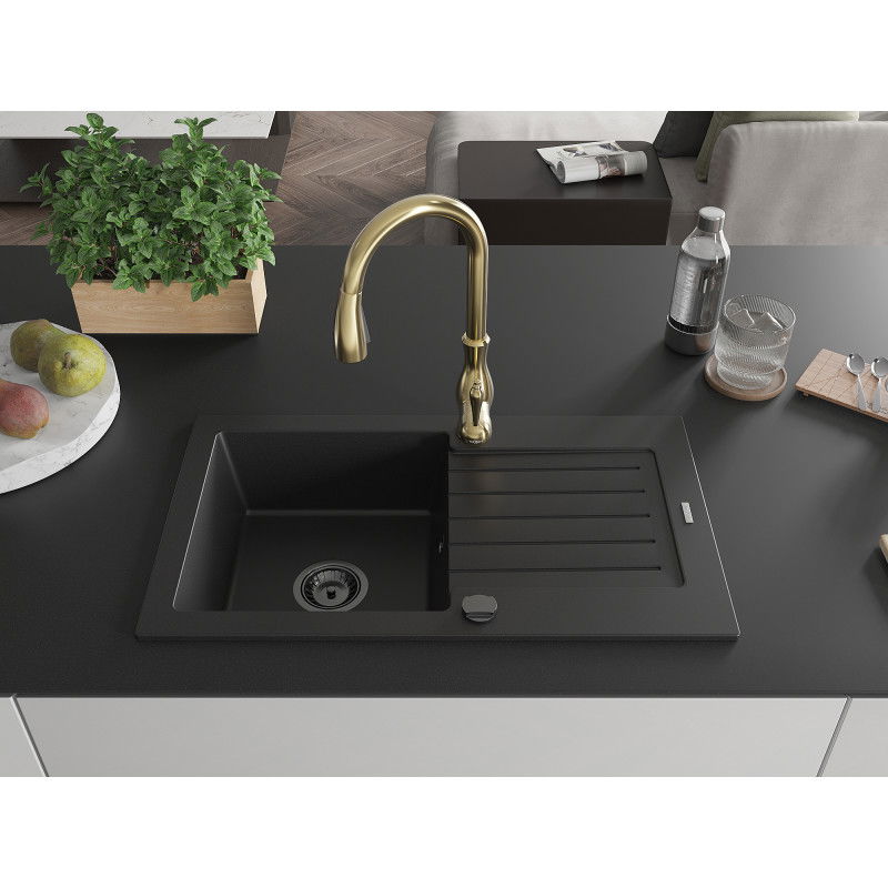 Mexen Pablo 1-compartment granite sink with a drip tray and kitchen mixer tap Savita, Black - 6510-77-672601-50-B