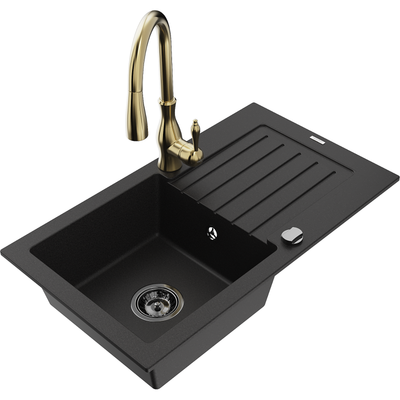 Mexen Pablo granieten gootsteen 1-komorig met afdruiprek en keukenkraan Savita, zwart - 6510-77-672601-50-B