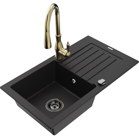 Mexen Pablo granit sink 1-bowl with drainer and Savita kitchen faucet, black - 6510-77-672601-50-B