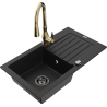 Mexen Pablo granit sink 1-bowl with drainer and Savita kitchen faucet, black - 6510-77-672601-50-B