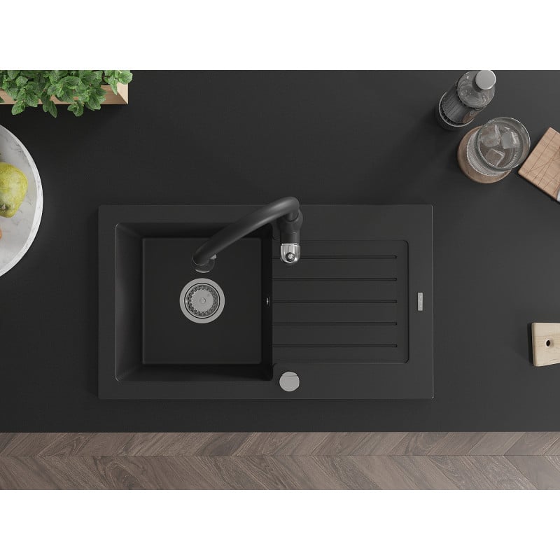 Mexen Pablo fregadero de granito de 1 seno con escurridor y grifo de cocina Savita, negro - 6510-77-672601-70