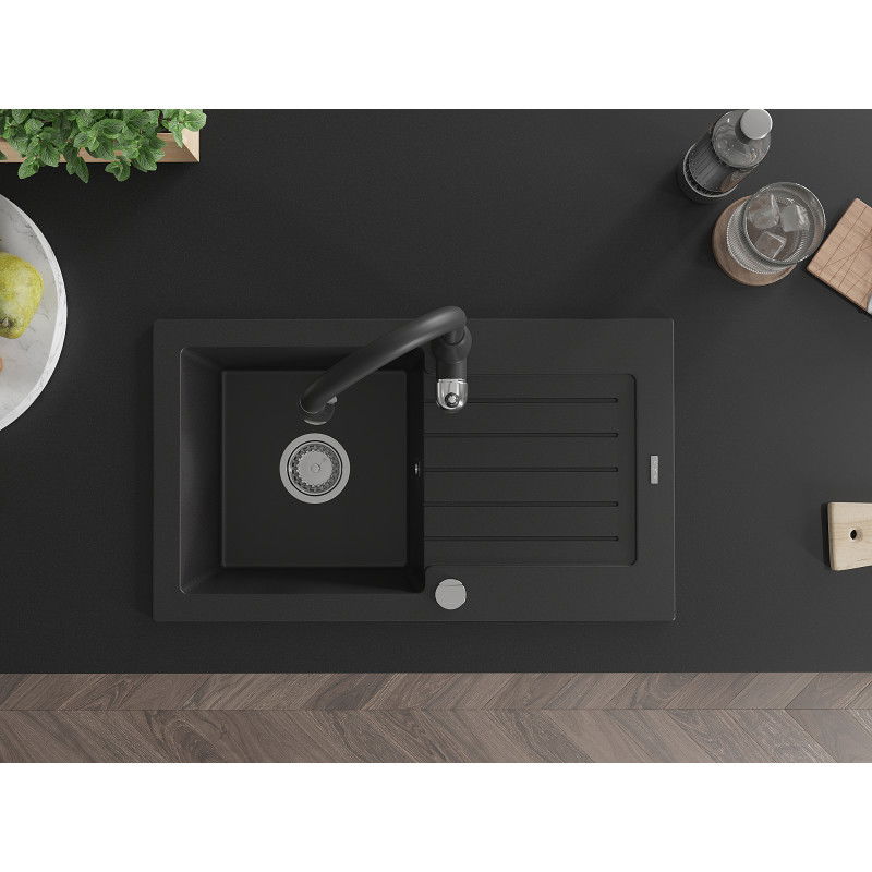 Mexen Pablo granitais virtuves izlietne ar vienu kameru, noteces zonu un Savita jaucējkrānu, melns - 6510-77-672601-70