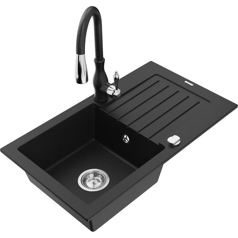 Mexen Pablo fregadero de granito de 1 seno con escurridor y grifo de cocina Savita, negro - 6510-77-672601-70