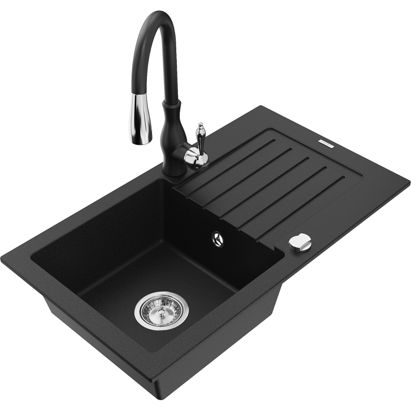 Mexen Pablo granitdiskho med 1 fack med avrinningsyta och köksblandare Savita, svart - 6510-77-672601-70
