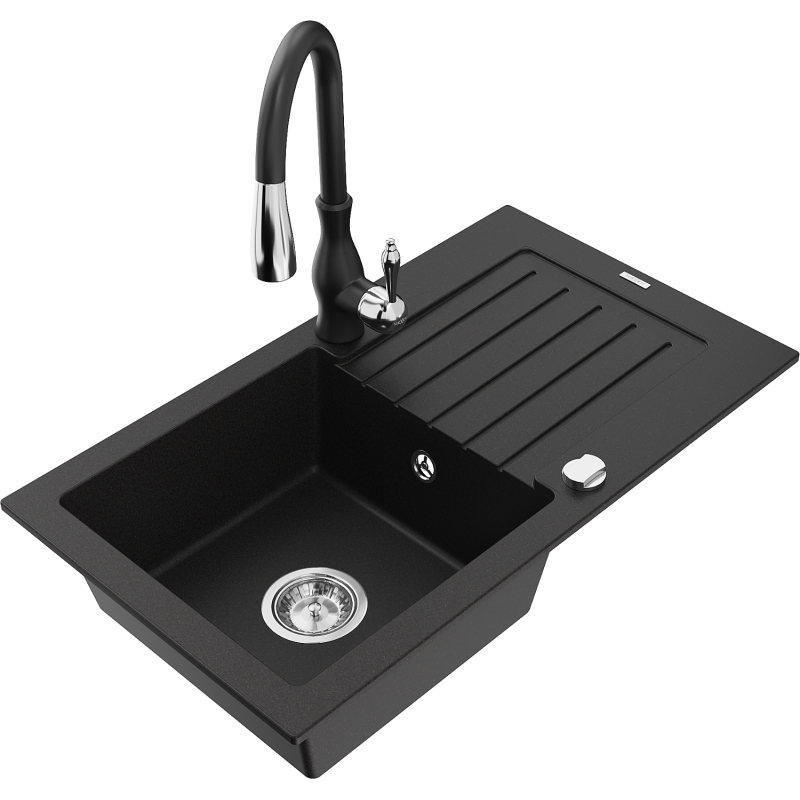 Mexen Pablo granite sink 1-bowl with drainer and Savita kitchen tap, black - 6510-77-672601-70