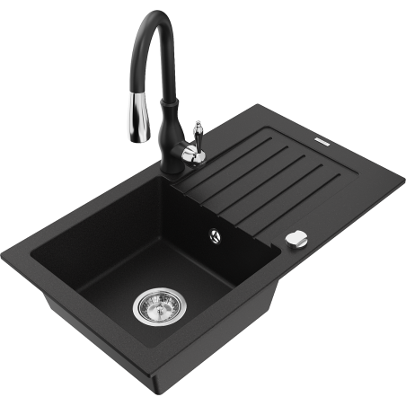 Mexen Pablo 1-bowl granite sink with drainer and Savita kitchen faucet, black - 6510-77-672601-70