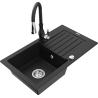 Mexen Pablo granite sink 1-bowl with drainer and Savita kitchen tap, black - 6510-77-672601-70
