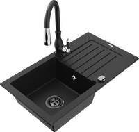 Mexen Pablo Granitno pomivalno korito z 1 komoro s cedilom in kuhinjsko pipo Savita, črno - 6510-77-672601-70-B