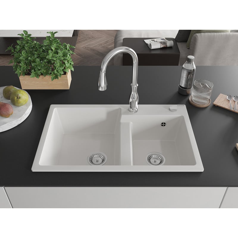 Mexen Tomas granite 2-bowl kitchen sink with Savita tap, white - 6516-20-672601-00