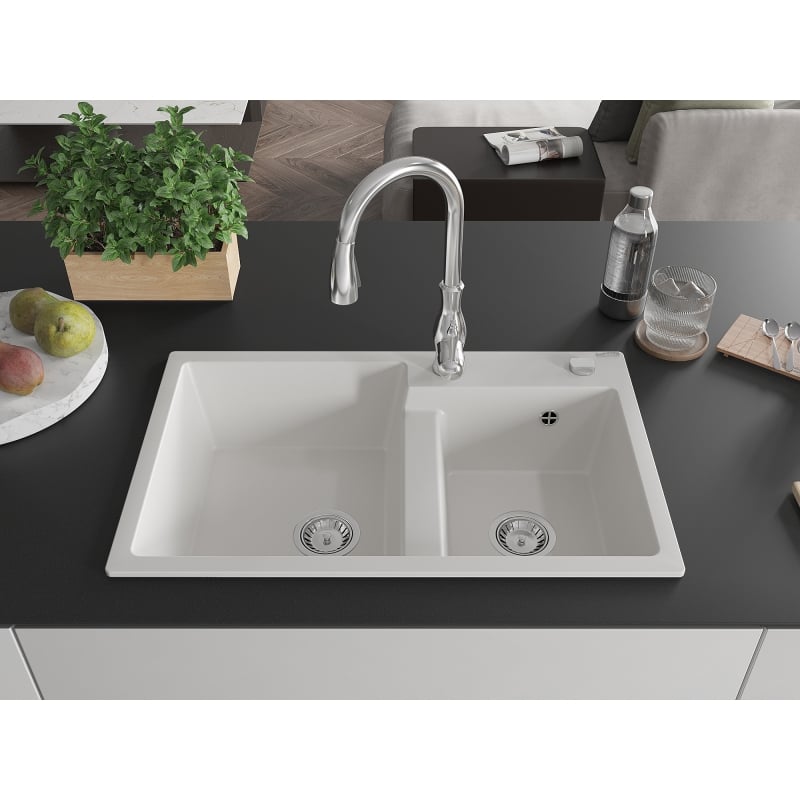 Mexen Tomas granite kitchen sink double bowl with Savita kitchen faucet, white - 6516-20-672601-00