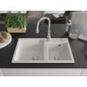 Mexen Tomas granite 2-bowl kitchen sink with Savita tap, white - 6516-20-672601-00