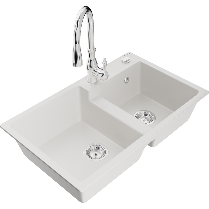 Mexen Tomas granitdiskbänk 2-fack med köksblandare Savita, vit - 6516-20-672601-00